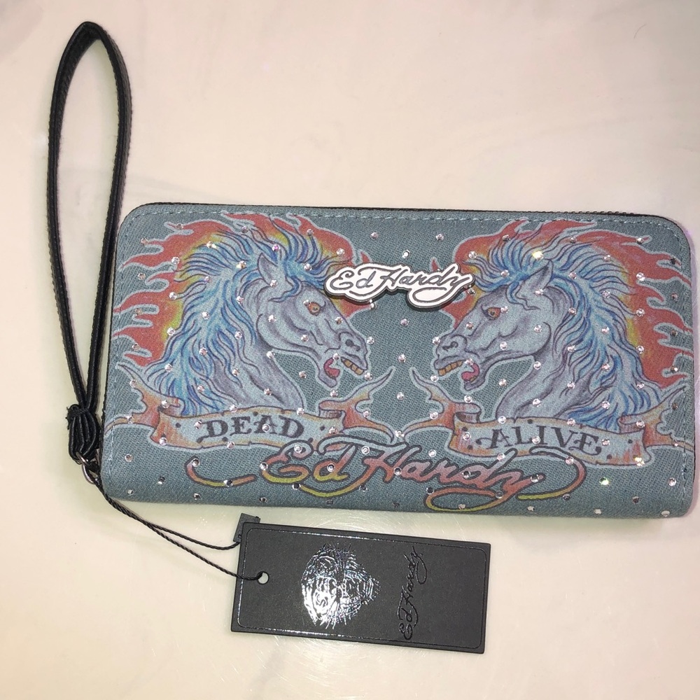 Ed Hardy Blue Denim Dead Or Live Horse Tattoo Print & Rhinestones ZA Wallet NWT